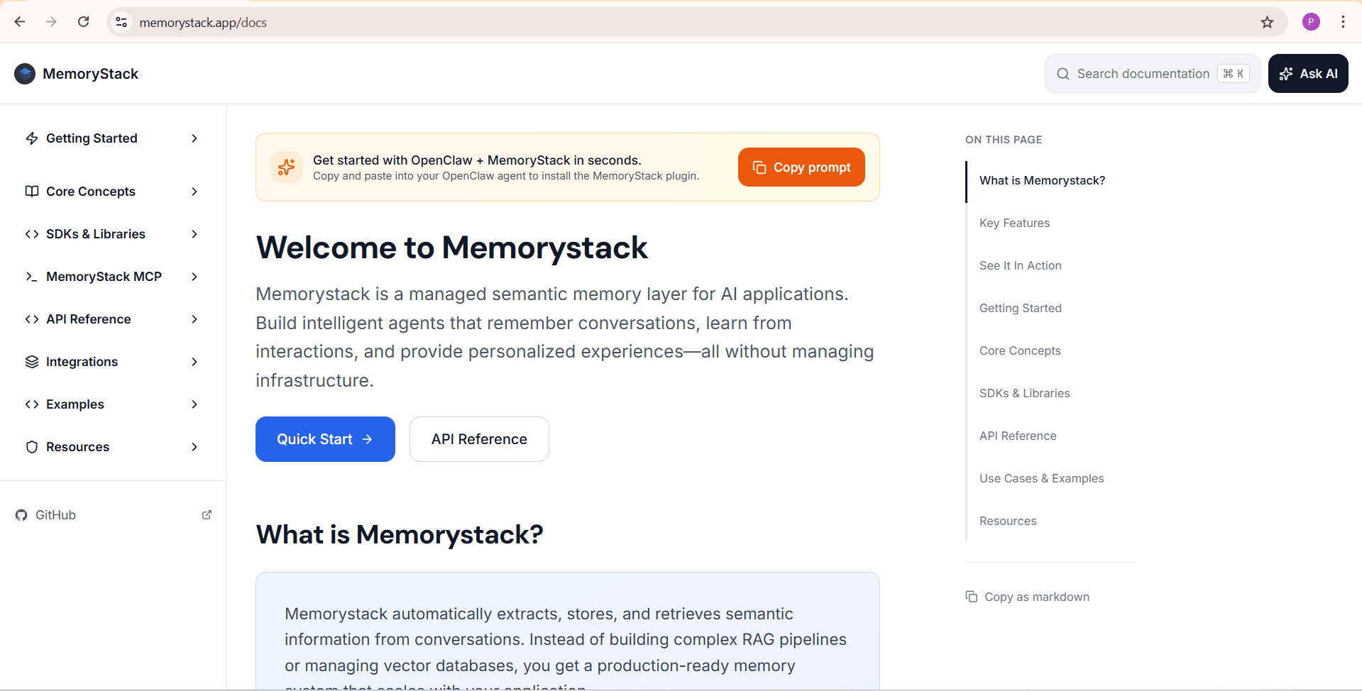 MemoryStack Docs page with Copy prompt button